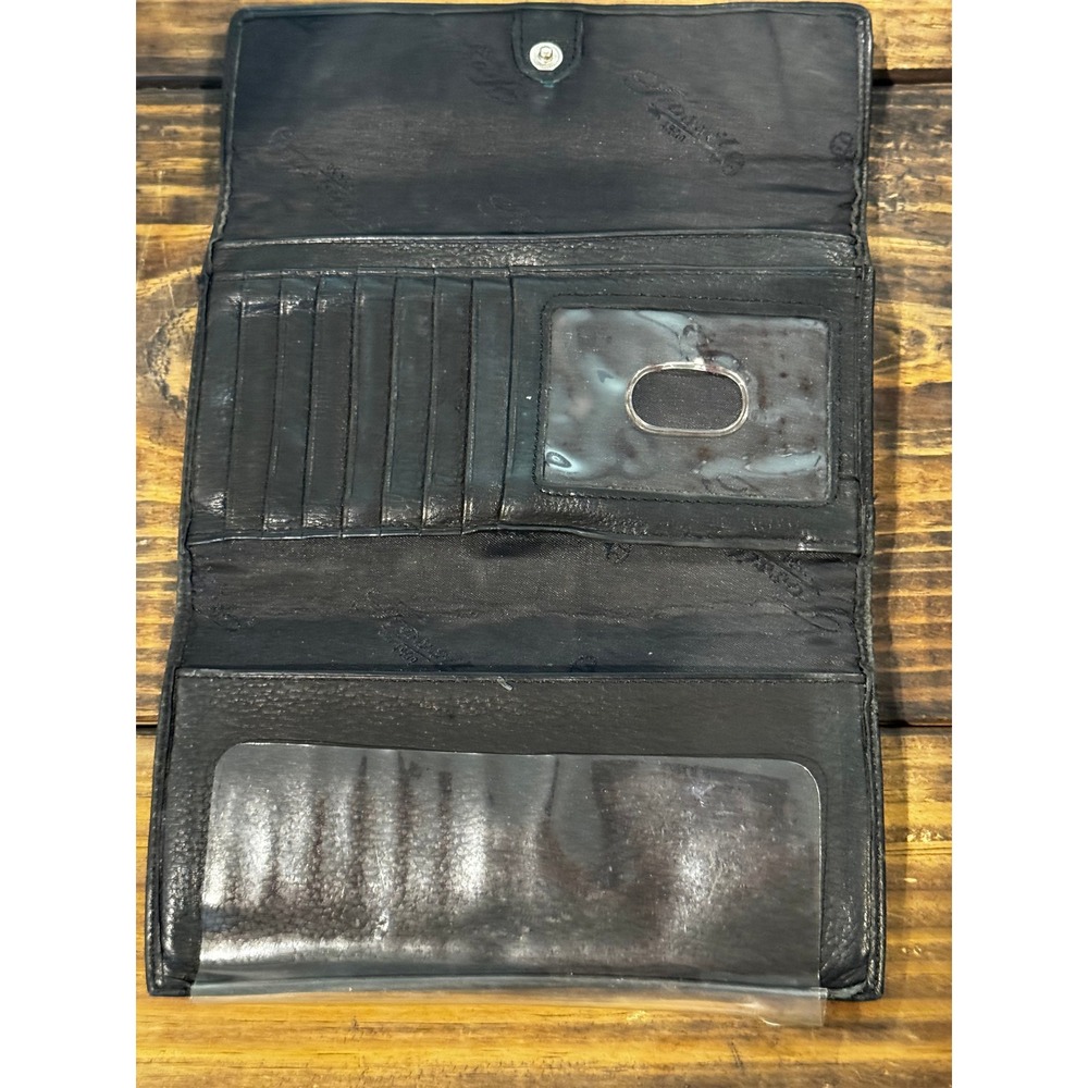 Fossil Black Leather Trifold Wallet Western Filigree Medallion Checkbook Clutch - Picture 5 of 6